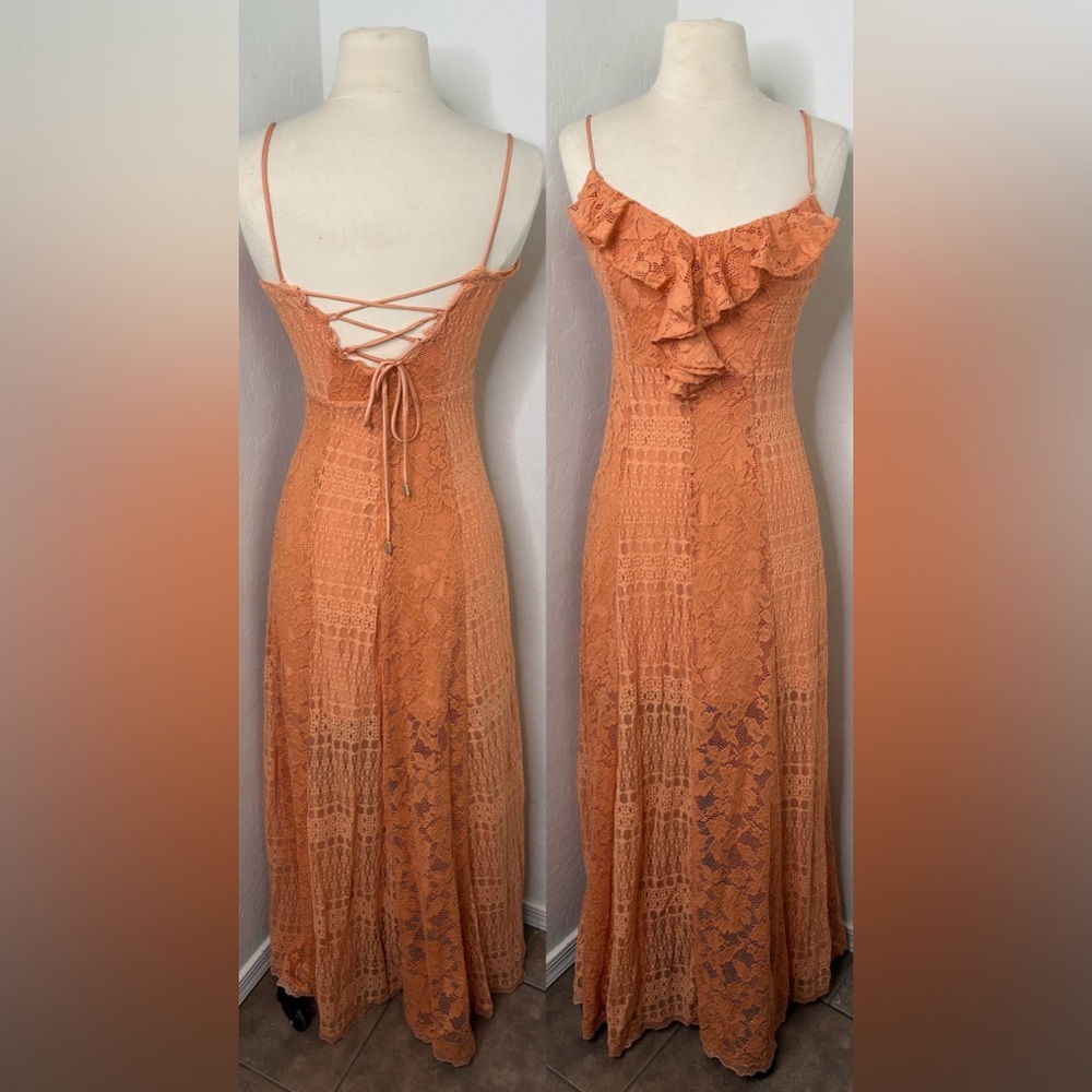 GUESS Peach Lace Up Back Long Dress XS